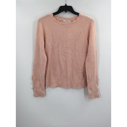 Rachel Parcell Scalloped Crew Neck Pullover Sweater Long Sleeve Pink NEW Small