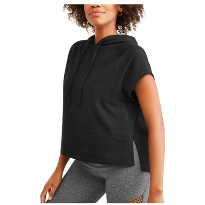 Avia Womens French Terry Short Sleeve Side Slit Crop Hoodie size XL Black active