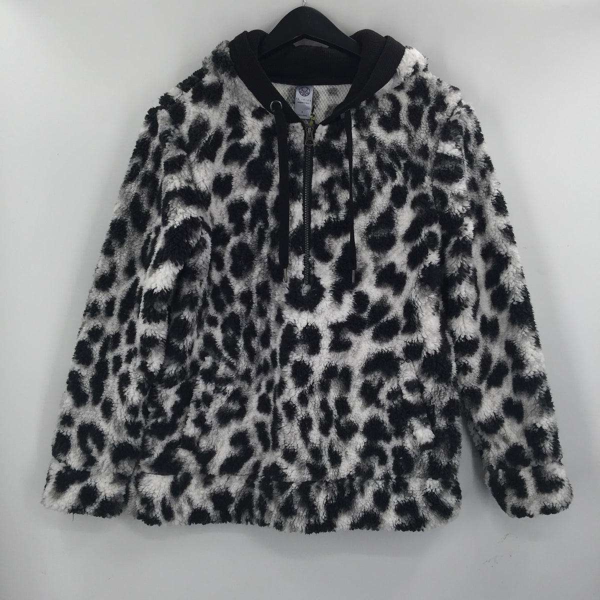 Te Verde Faux Fur Leopard Print Quarter Zip Hoodie Faux Shearling Size Small