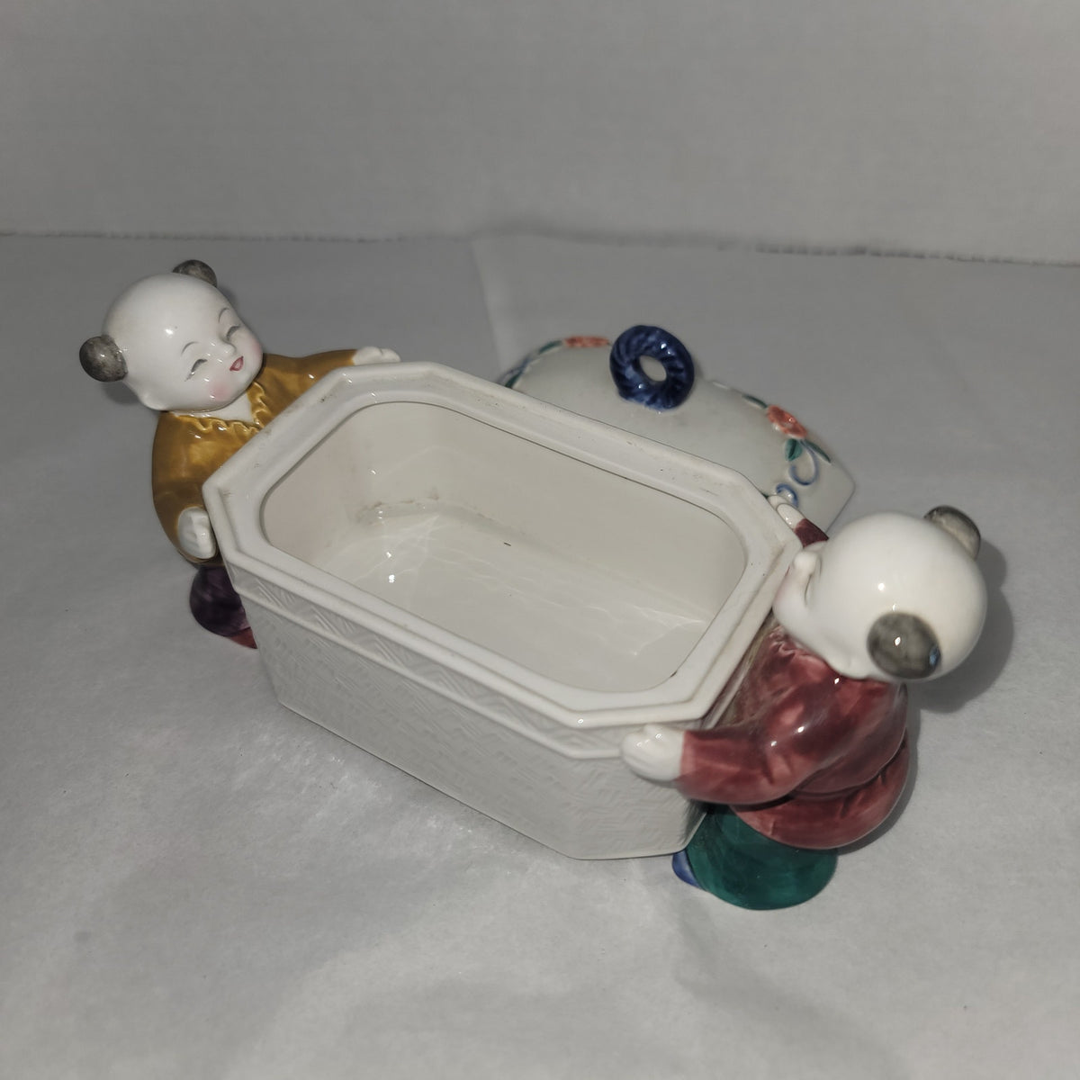 Takahashi San Francisco Japanese Figures Holding Signed Porcelain Box Incense