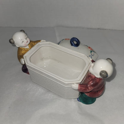 Takahashi San Francisco Japanese Figures Holding Signed Porcelain Box Incense