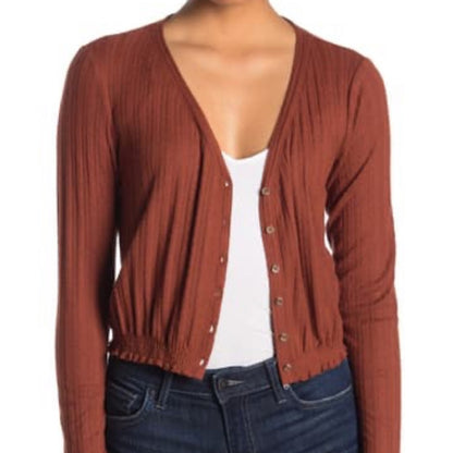 Abound Pointelle Knit Crop V-Neck Sweater Large Cardigan Rust Button front