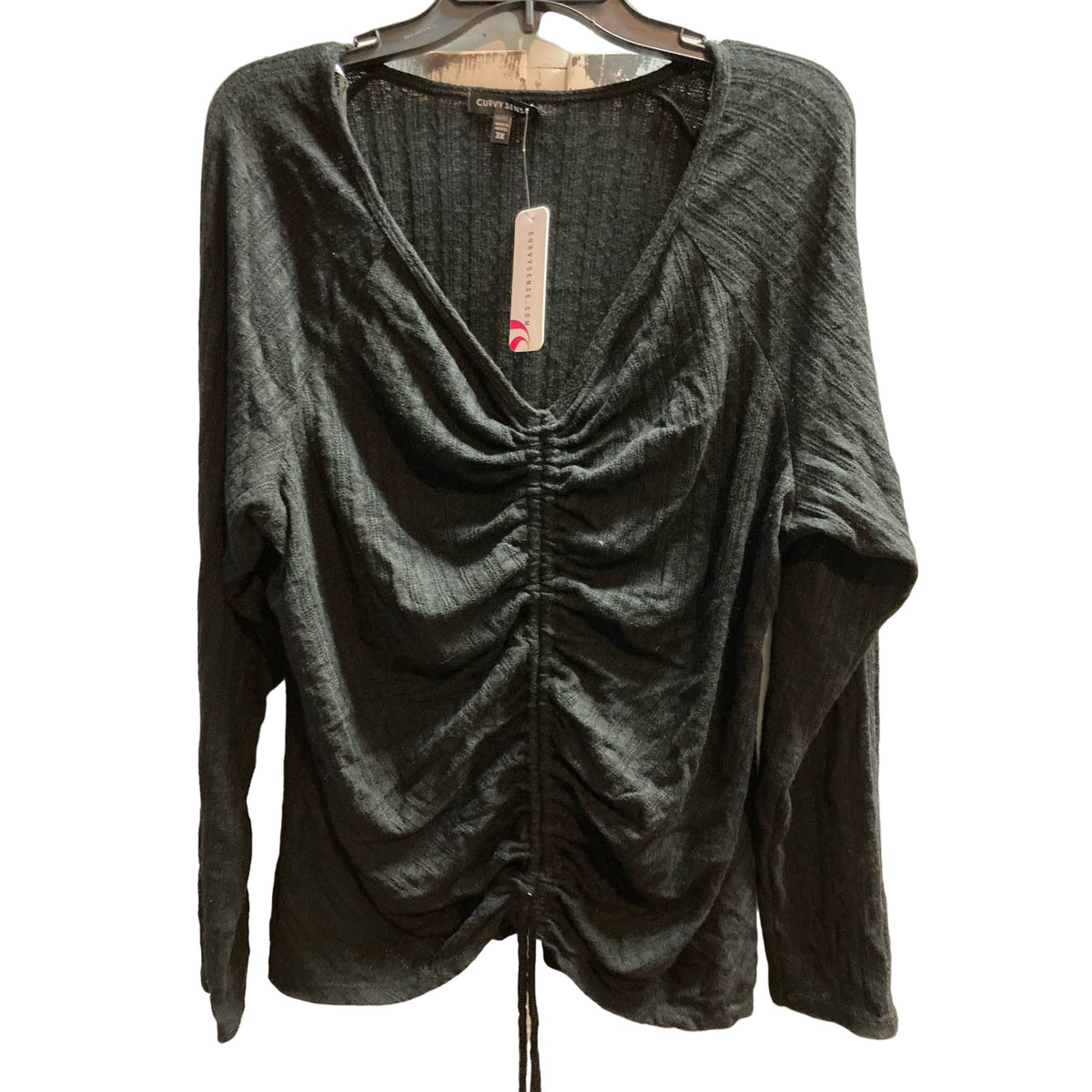 Curvy Sense Women's Top Plus 1X Black NEW Ruched Drawstring V-Neck Long Sleeve