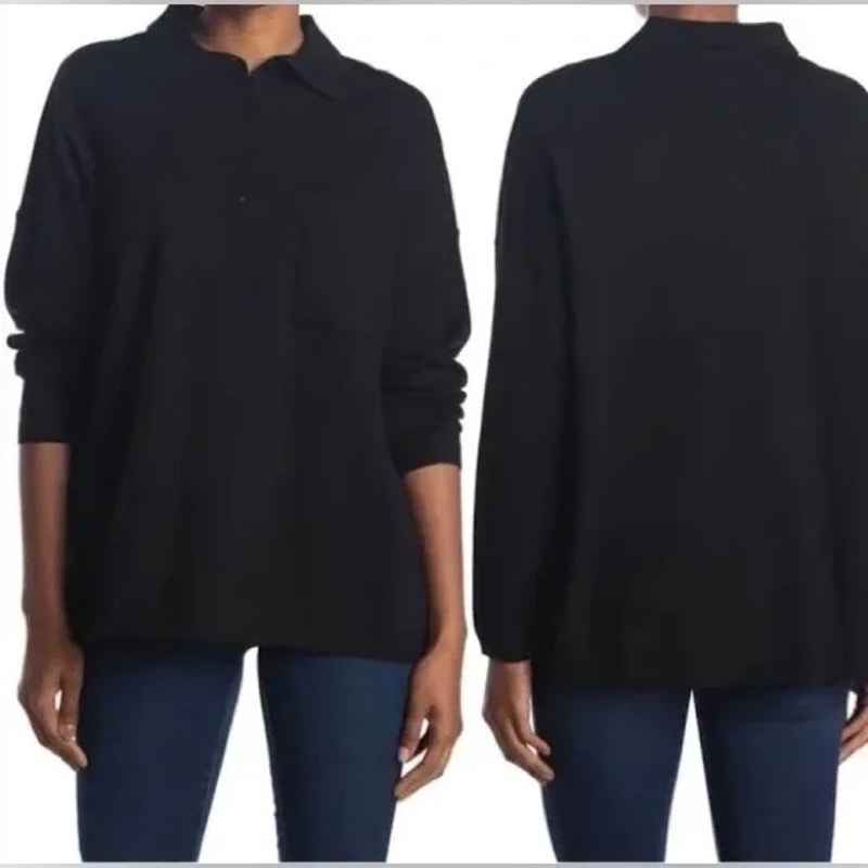 RDI Women Oversized Boyfriend Long Sleeve Polo Top Large Black NWT Recycled Yarn