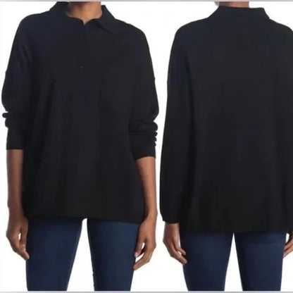 RDI Women Oversized Boyfriend Long Sleeve Polo Top Large Black NWT Recycled Yarn