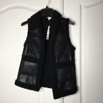 Splendid Girl Faux Leather Vest Draped Collar Two Front Patch Pockets Black Size 14