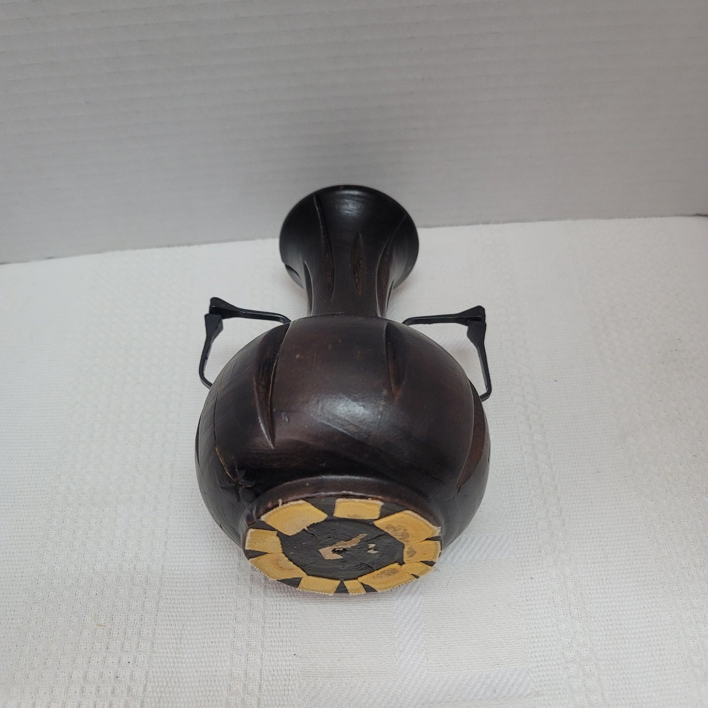 Vintage Brutalist Handmade Artisan Wood hand turned Vase Cut Nail Handles