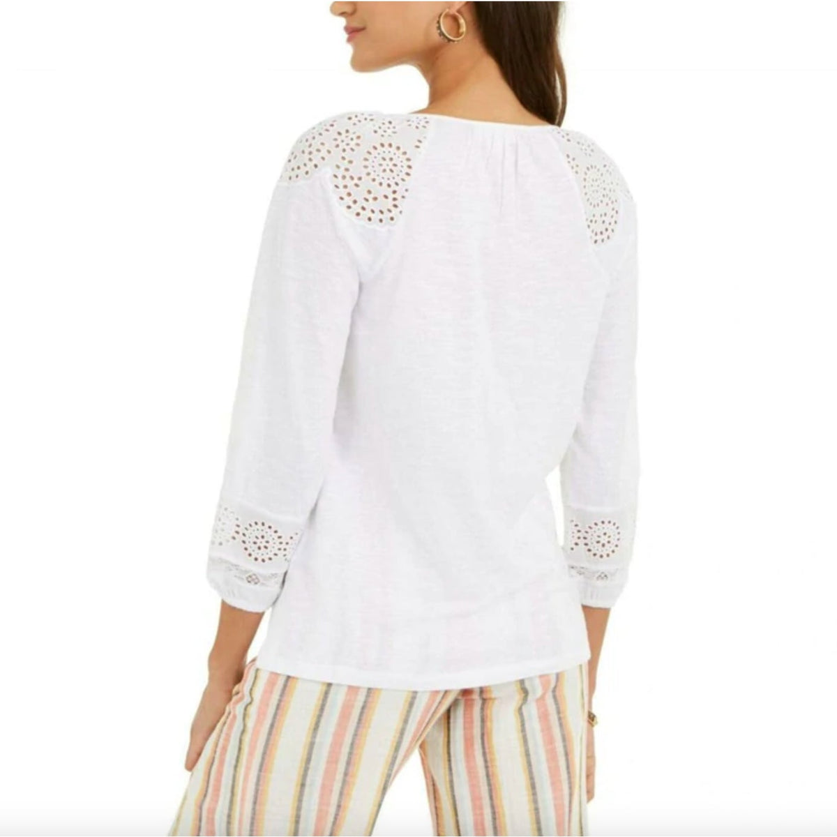 Style Co NWT Eyelet Lace Peasant Top Blouse 3/4 Sleeves Bright White Medium