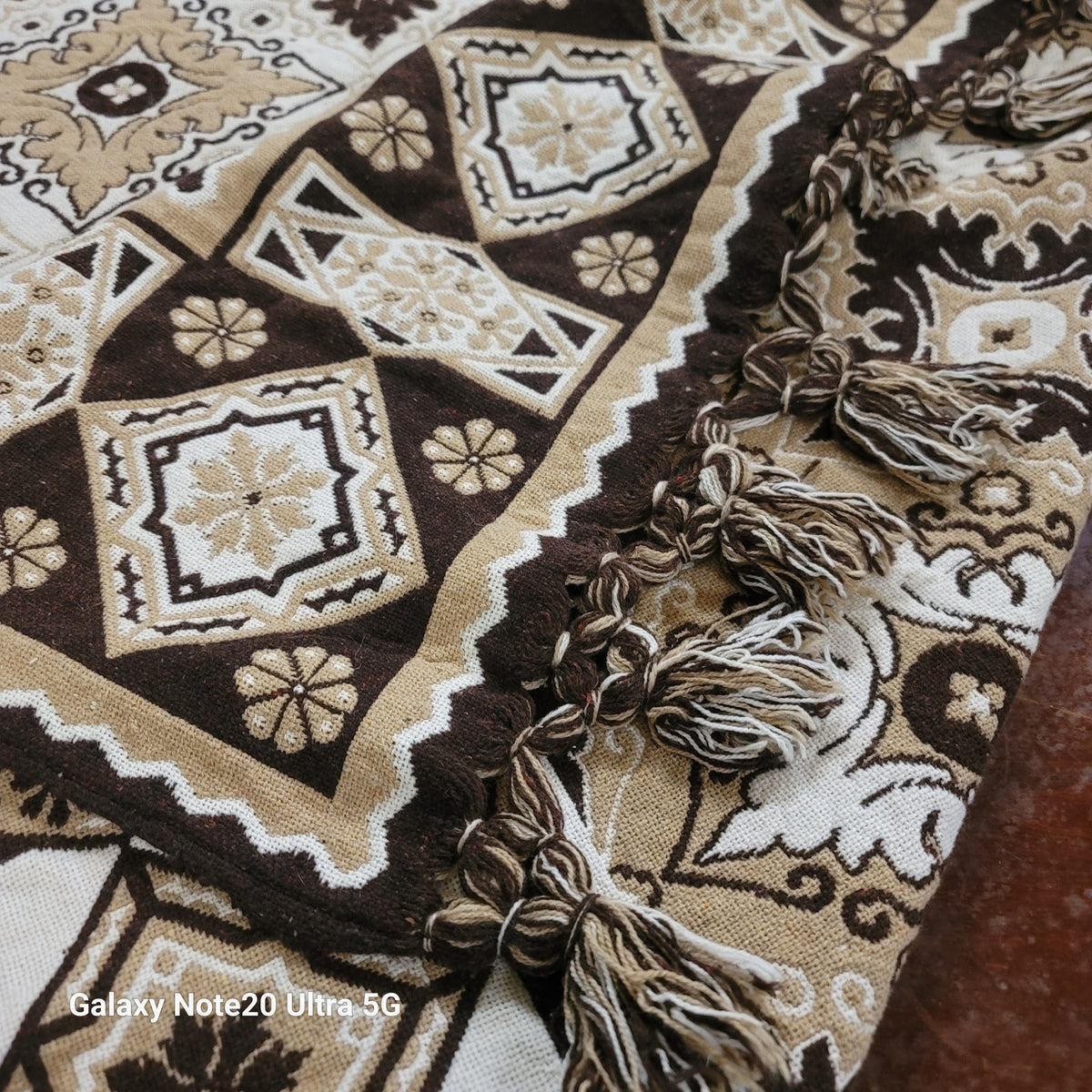 Blanket artisan 88"x90" Brown Cream Tassel Diamond Woven boho tribal Thick Queen