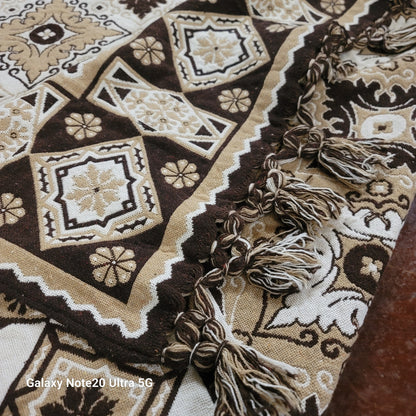 Blanket artisan 88"x90" Brown Cream Tassel Diamond Woven boho tribal Thick Queen