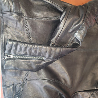 Cache Womens Large Leather Moto Jacket Coat Cheetah Print Lined Full Zip black