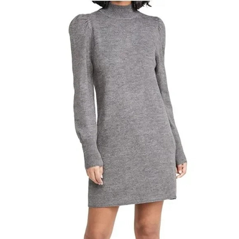 WayF Lola Puff Sleeve Knit Dress Medium Dark Grey NEW Mock Neck Sweater Dress