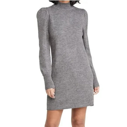WayF Lola Puff Sleeve Knit Dress Medium Dark Grey NEW Mock Neck Sweater Dress