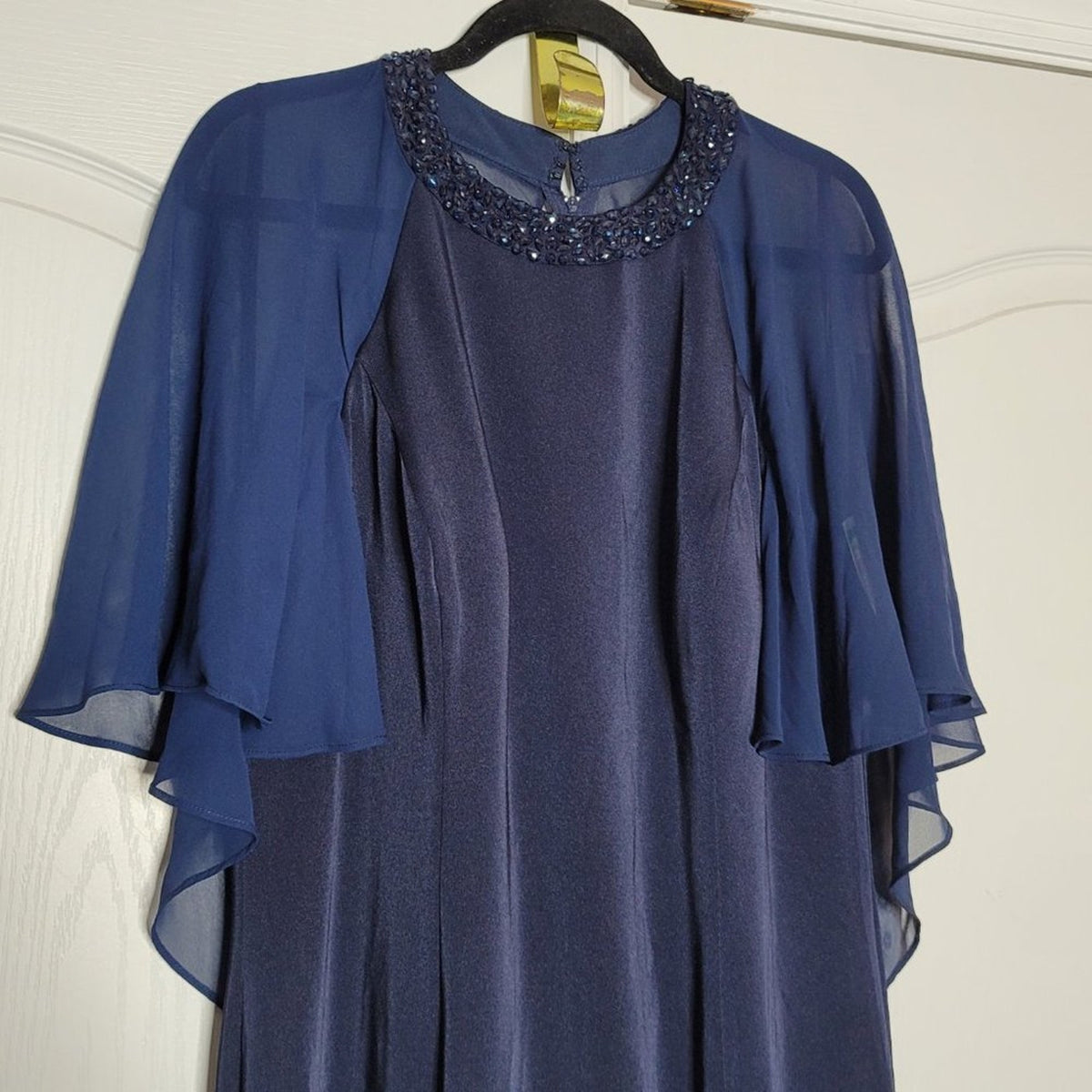 La Femme Navy Illusion Cape Trumpet Gown Jewel Neck Dress Size 16 Wedding Formal