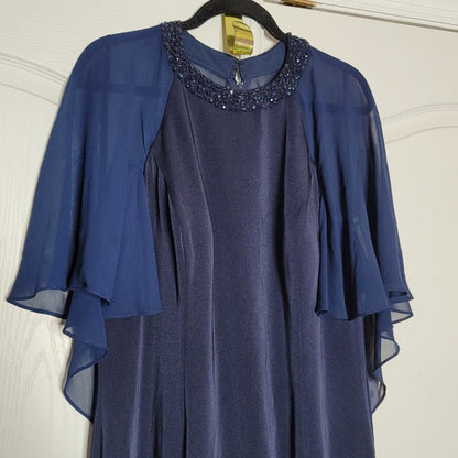 La Femme Navy Illusion Cape Trumpet Gown Jewel Neck Dress Size 16 Wedding Formal