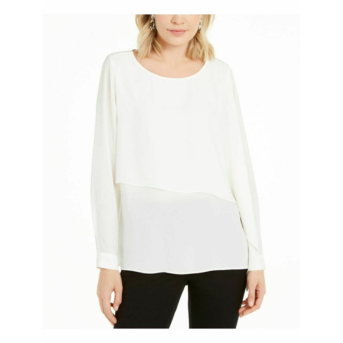 ALFANI Casual Tiered Top Blouse Long Sleeve Scoop Neck Ivory Size Small NWT