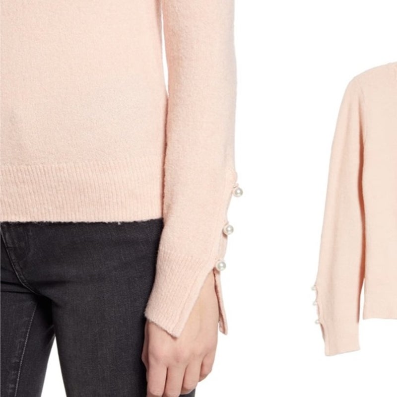 Rachel Parcell Scalloped Crew Neck Pullover Sweater Long Sleeve Pink NEW Small