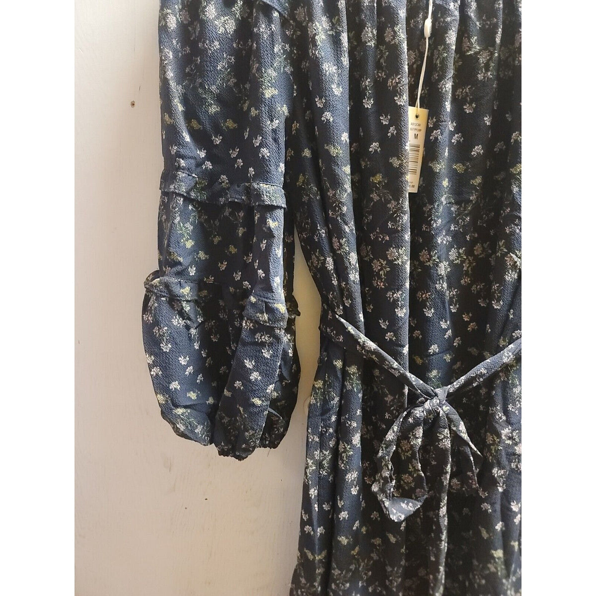 Max Studio Waist Tie Flounce Hem Dress Navy Floral Womens Medium Midi 3/4 Sleeve