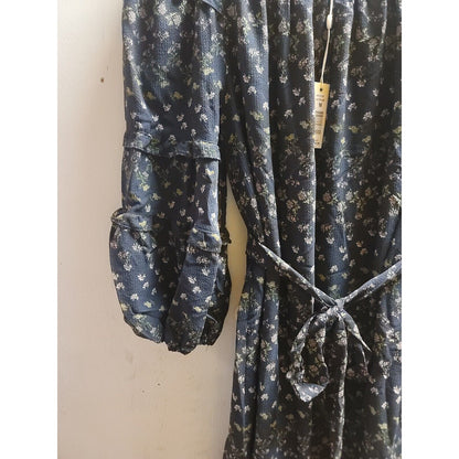 Max Studio Waist Tie Flounce Hem Dress Navy Floral Womens Medium Midi 3/4 Sleeve