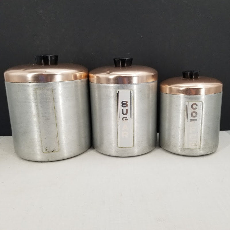 Vintage Maid of Honor silver metal copper top Canister Set Flour Sugar Coffee