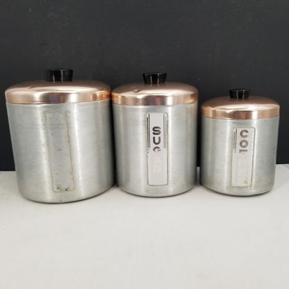 Vintage Maid of Honor silver metal copper top Canister Set Flour Sugar Coffee