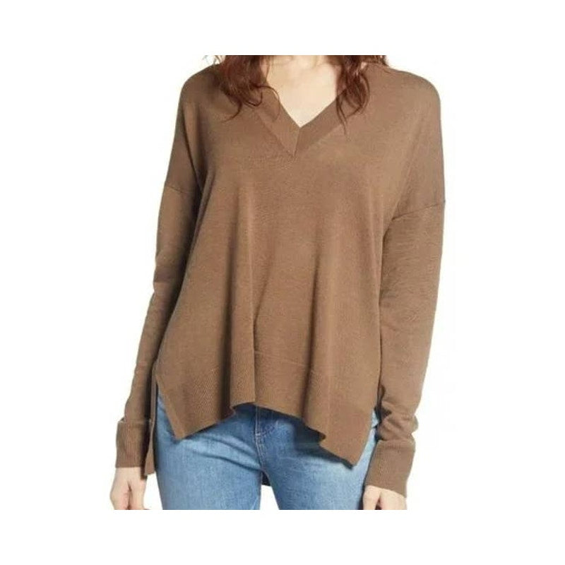 Chelsea28 Oversize Ribbed V-Neck High Low Pullover Sweater Sz Small PUMPKIN NWT