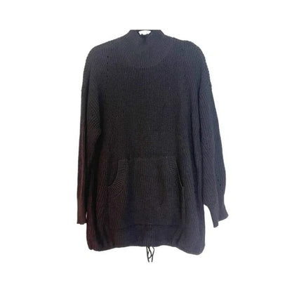 RDI Tunic Sweater Mock Neck Kangaroo Pockets Ribbed Small Black NWT Drawstring