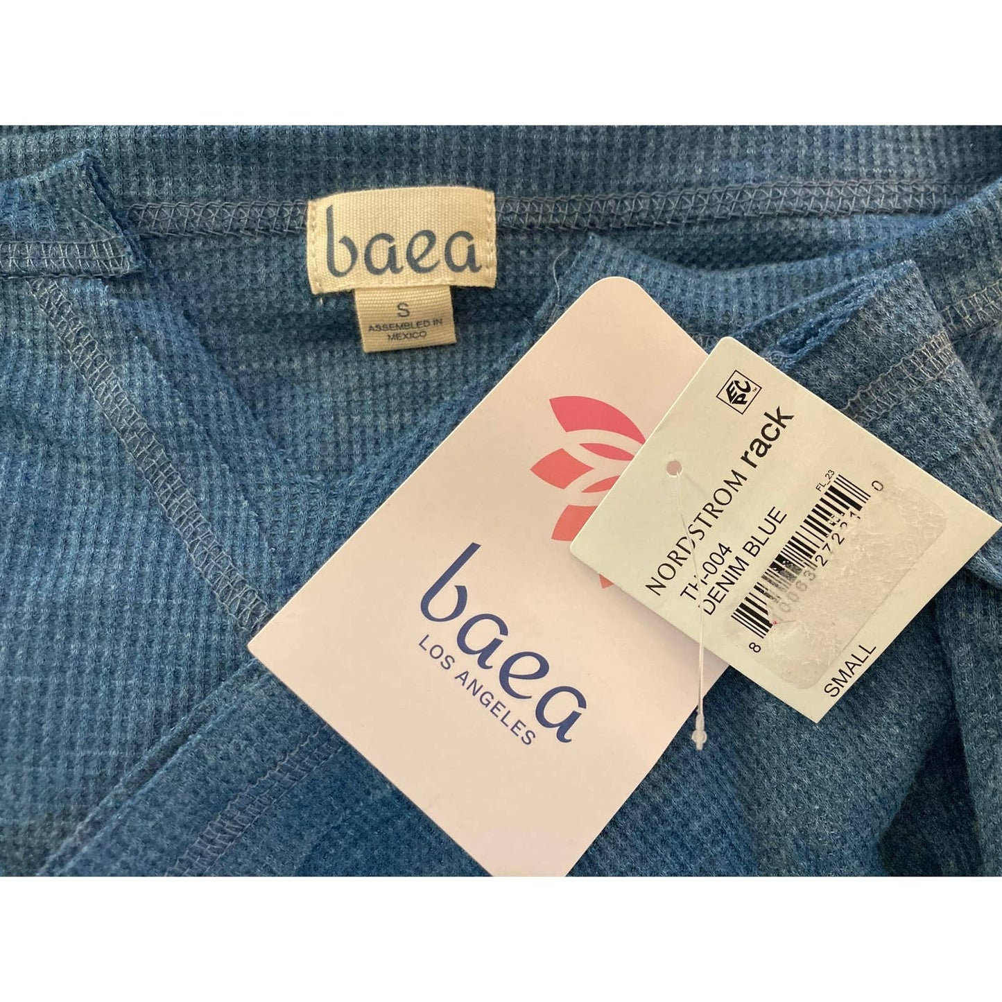 Baea Los Angeles Raw Seam Waffle Thermal Bell Sleeve Top Sz Small Denim Blue NWT