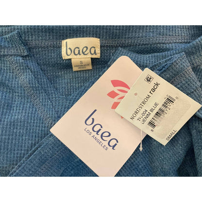 Baea Los Angeles Raw Seam Waffle Thermal Bell Sleeve Top Sz Small Denim Blue NWT