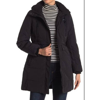 Lucky Brand Zip & Snap Front Parka Coat Sz Small Black NWT Faux Fur-Lined Hood