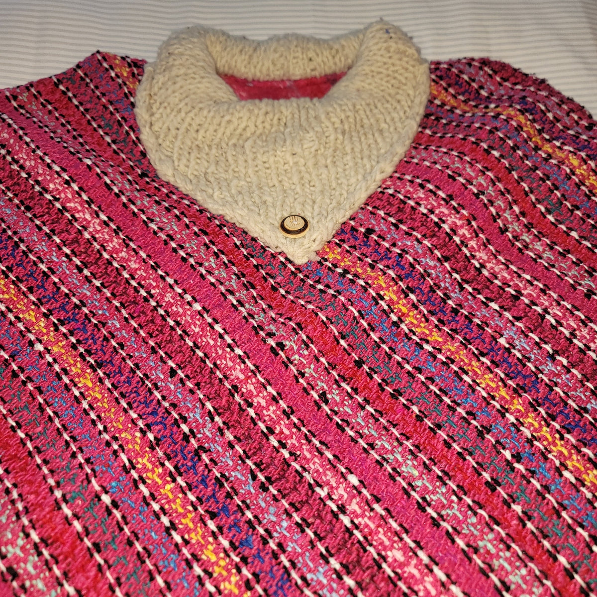 Handmade heavy poncho fringe wood button Winter One Size Multicolor Wool Cotton