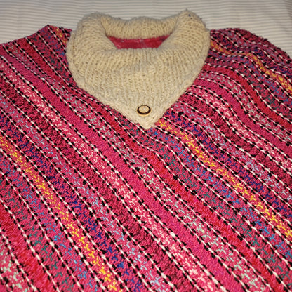 Handmade heavy poncho fringe wood button Winter One Size Multicolor Wool Cotton