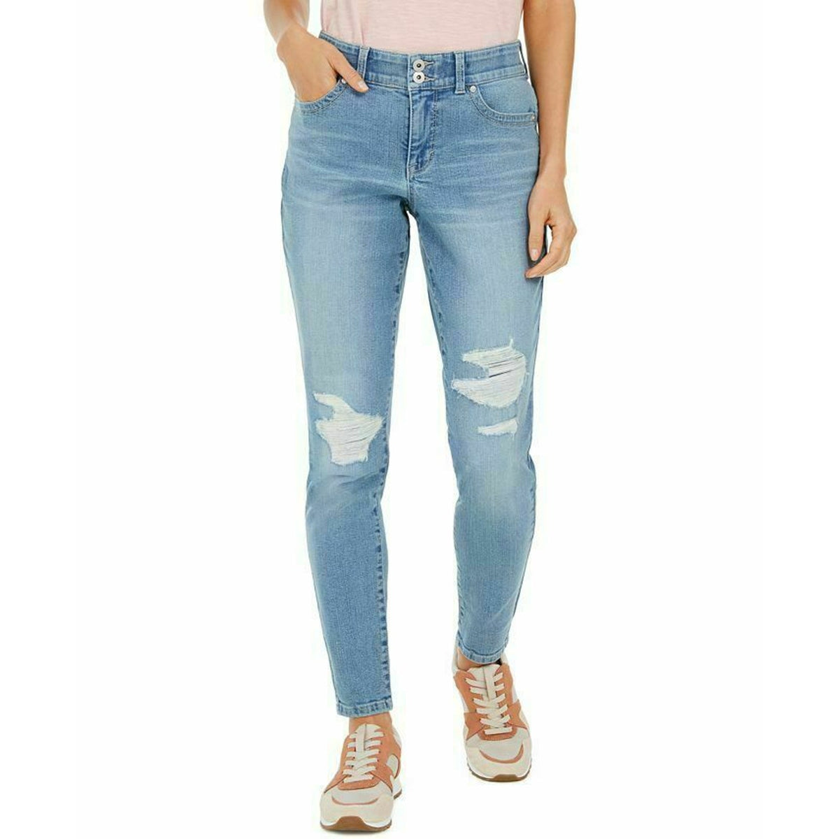 Style & Co Curvy Skinny Leg Jeans Distressed Mid Rise Fly Button Blue 18 Destroy
