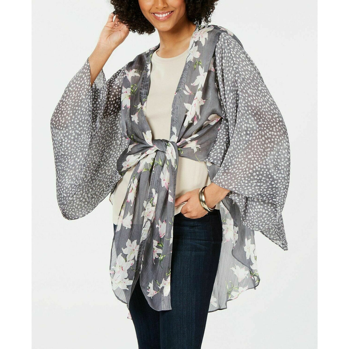 Cejon Floral Print Kimono Sleeve Cover-Up Tie at waist Gray One Size
