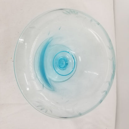 Blue Console Bowl Spoon Etched Glass Footed Vintage Light blue With Spoon