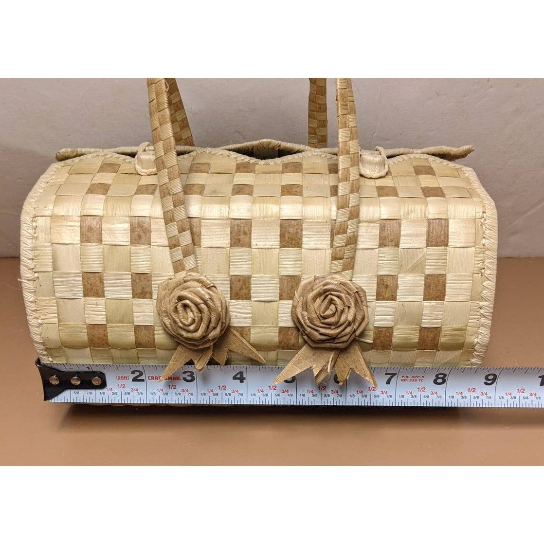Clamshell Handmade Woven Purse with Flowers Bamboo or Grass Handbag Very Stiff