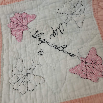 Handmade Pink White Quilt Full Queen Butterfly Stitched Names Community 80x66