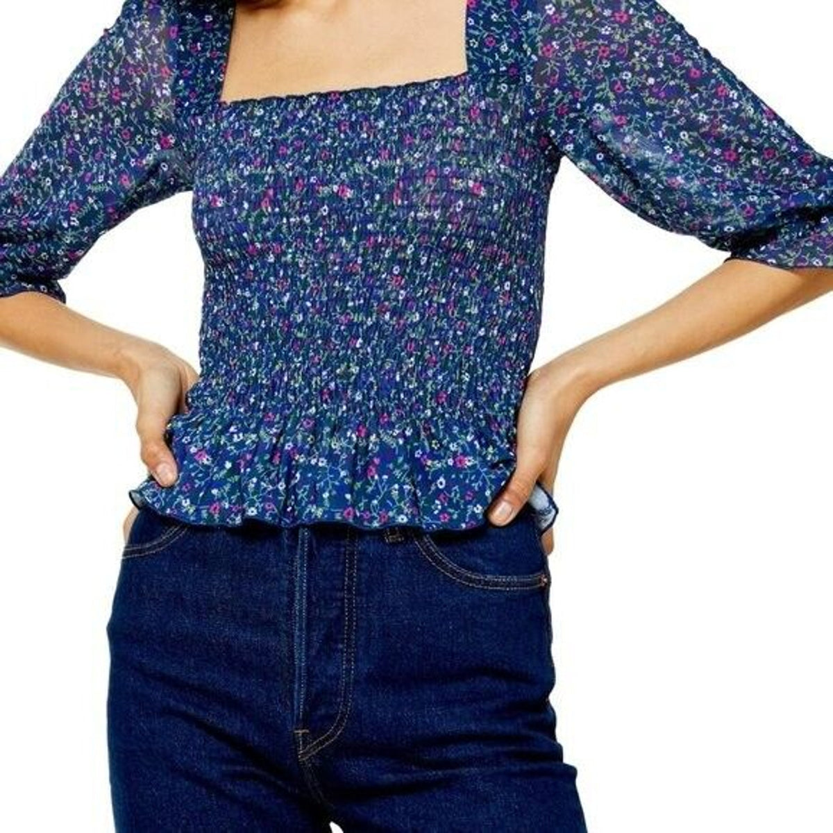 Topshop Criss Cross Ditsy Smocked Square Neck Blouse Size 4 US Blue Floral NWT
