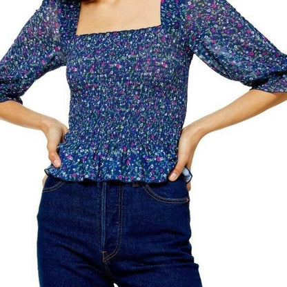 Topshop Criss Cross Ditsy Smocked Square Neck Blouse Size 4 US Blue Floral NWT