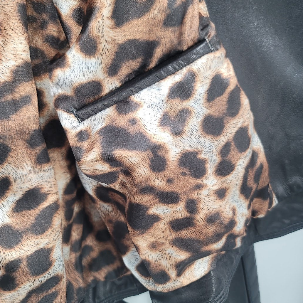 Cache Womens Large Leather Moto Jacket Coat Cheetah Print Lined Full Zip black