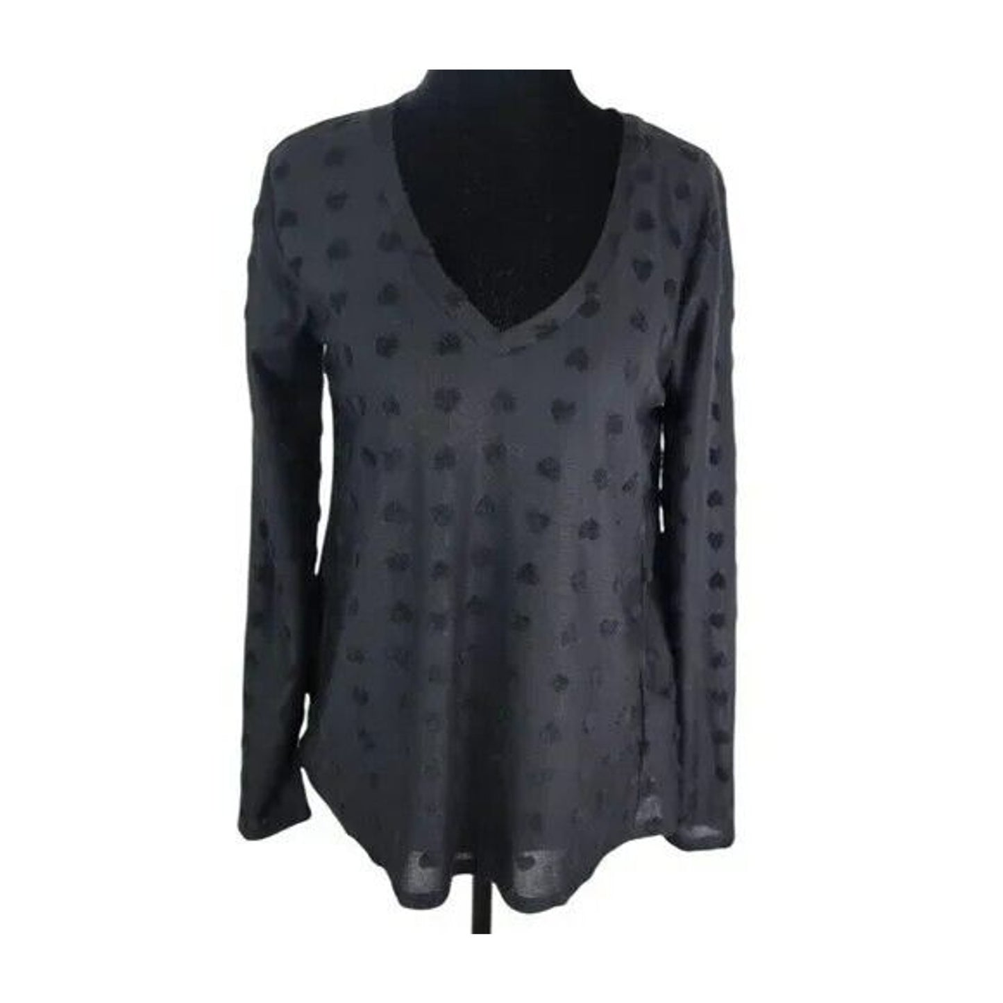Bobeau V-Neck Long Sleeve Flocked Hi-Low Top Sz XS/Extra Small Black Hearts NWT