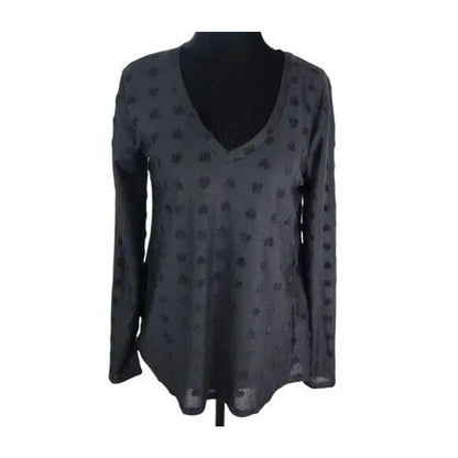 Bobeau V-Neck Long Sleeve Flocked Hi-Low Top Sz XS/Extra Small Black Hearts NWT