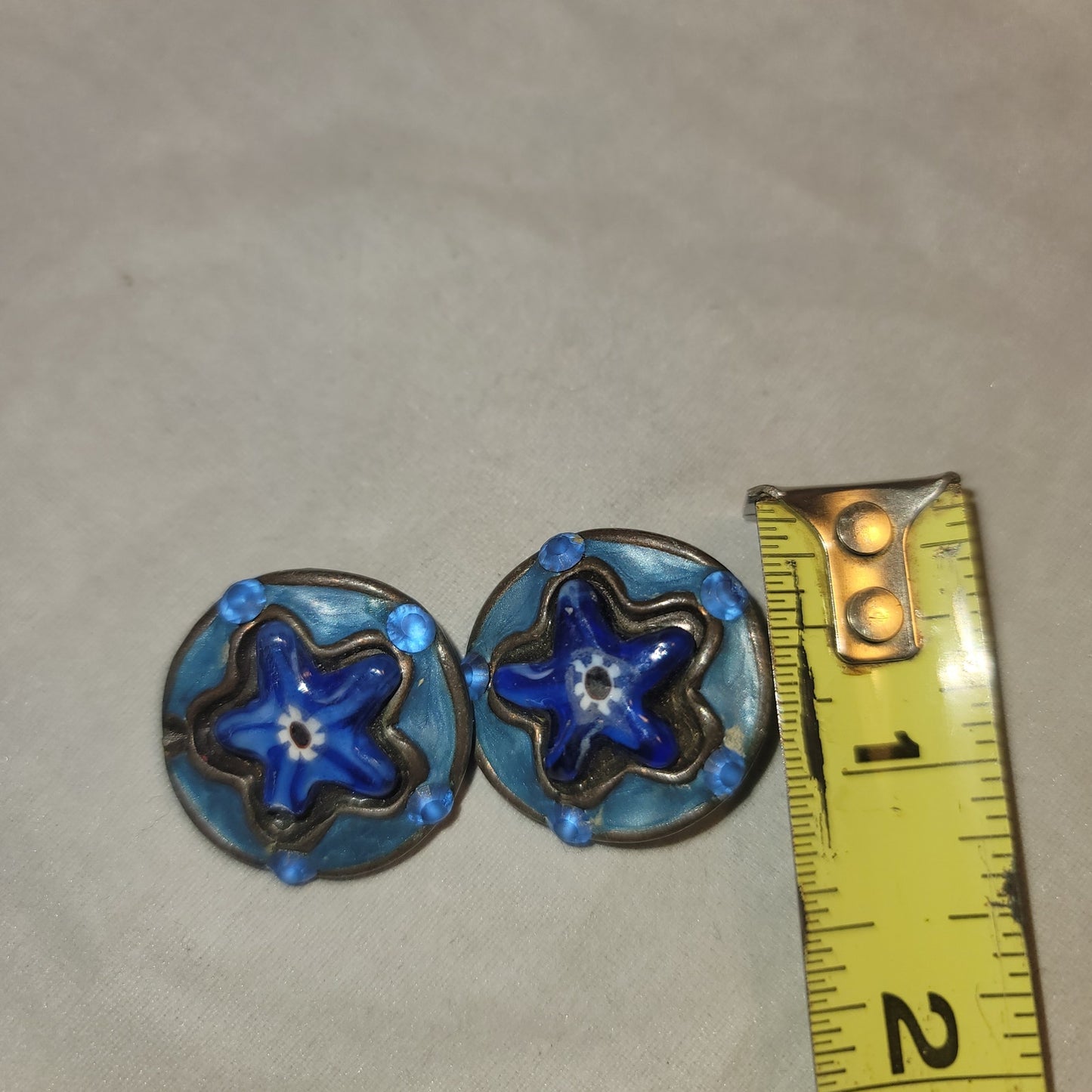 Vintage Taratata Silver Round Enamelware Raised Blue Star Paris clipon earrings