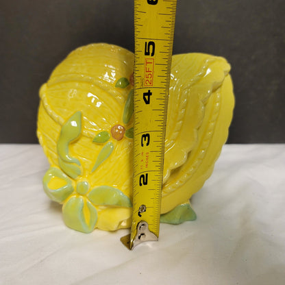 Vintage bonnet planter vase ceramic Hat Yellow green flowers Kitschy Collectible