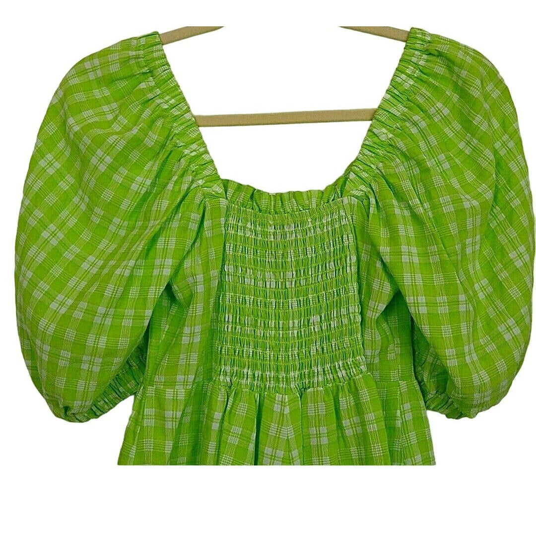 Topshop Ruched Bow Front Scoop Neck Puff Sleeve Romper US Size 2 Lime Plaid NWT
