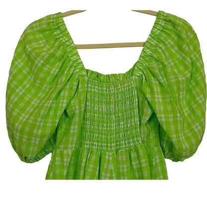 Topshop Ruched Bow Front Scoop Neck Puff Sleeve Romper US Size 2 Lime Plaid NWT