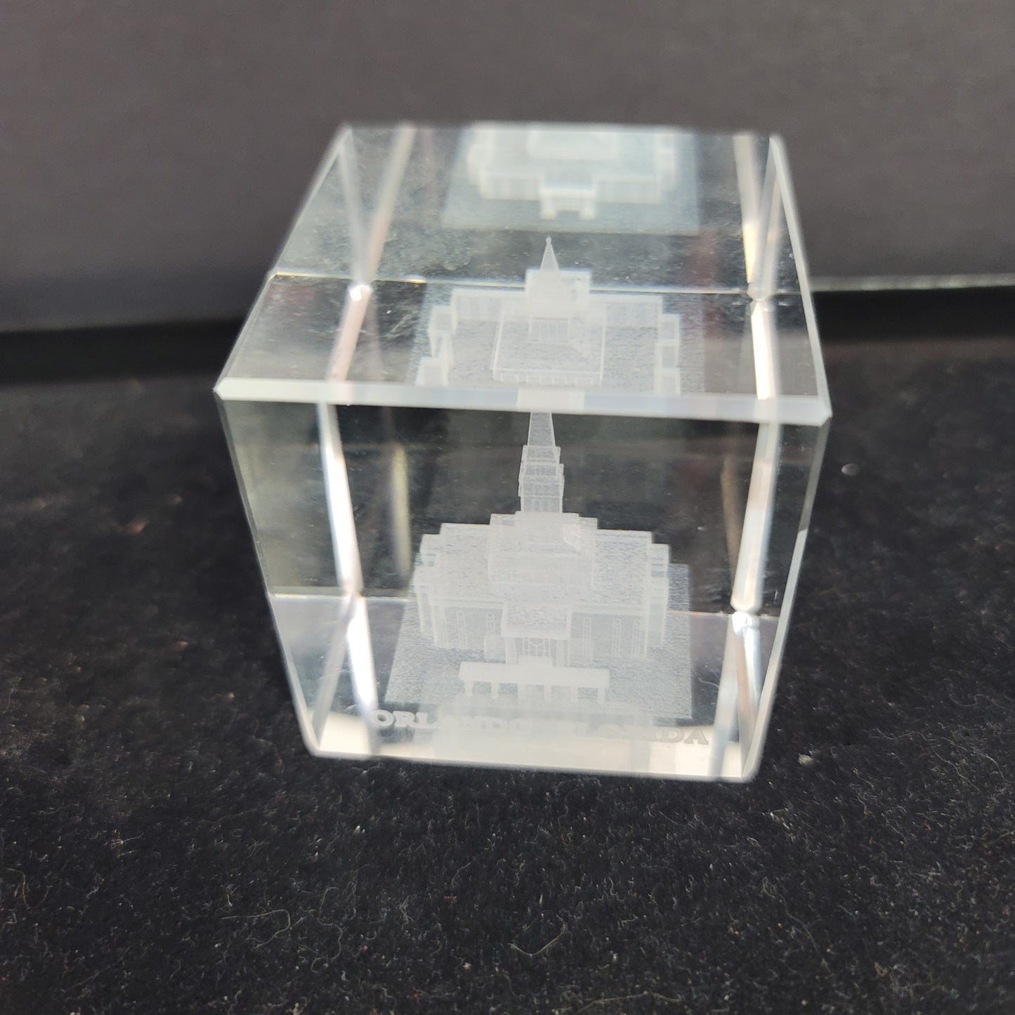 LDS engraved 3D glass cube paperweight Church of Ladder Day Saints Orlando