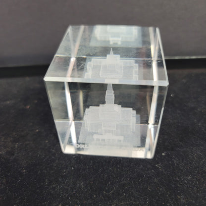 LDS engraved 3D glass cube paperweight Church of Ladder Day Saints Orlando