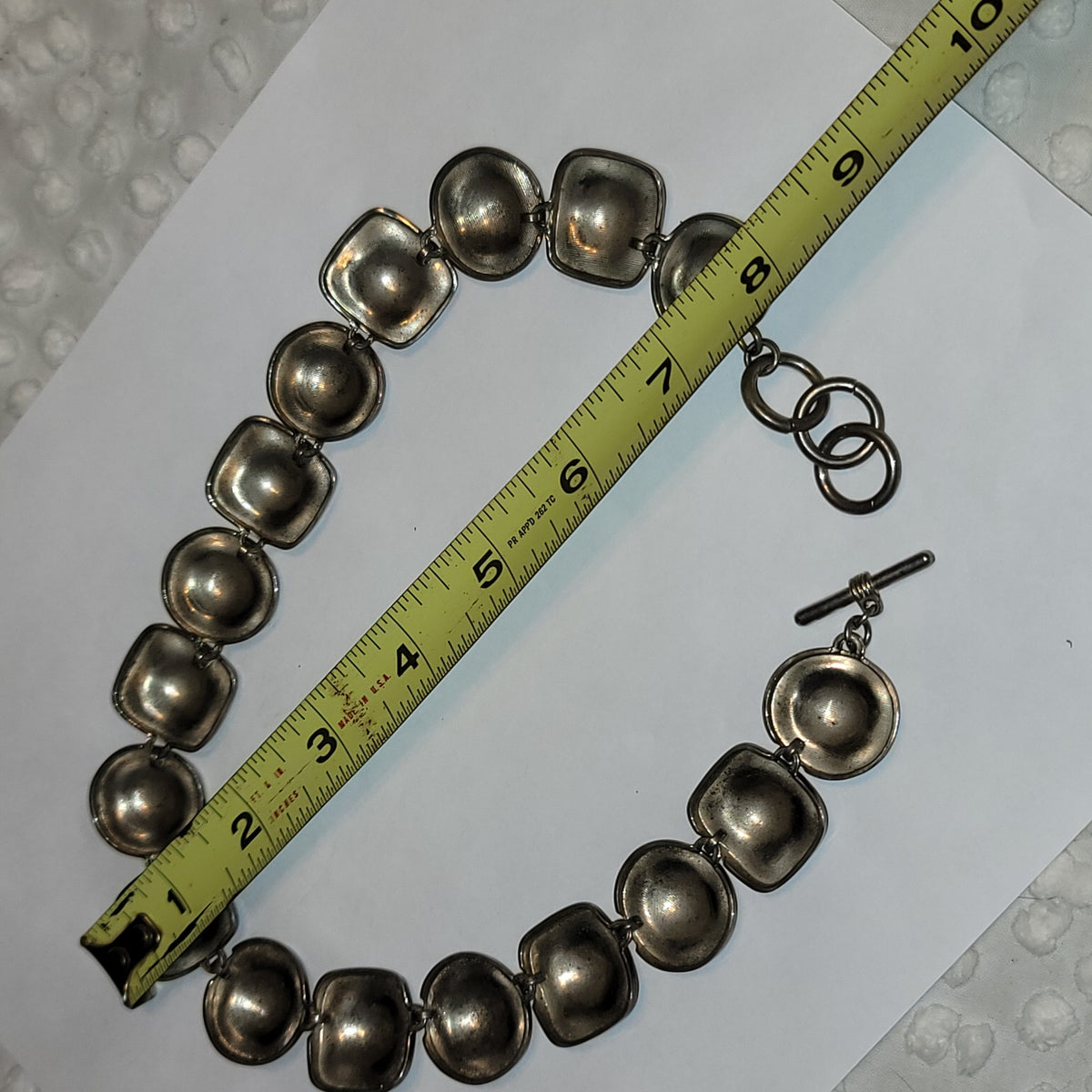 Vintage Silvertone necklace toggle clasp Discs hammered square circle 16" length