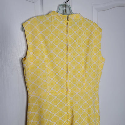 Vintage Size Large Polyester Yellow White Square Sleeveless Dress Maxi 1960s